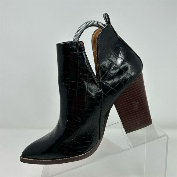 Mata Black Crocodile Side Split Pointy Toe Chunky Stacked Heel Booties Size 9 - Picture 3 of 12